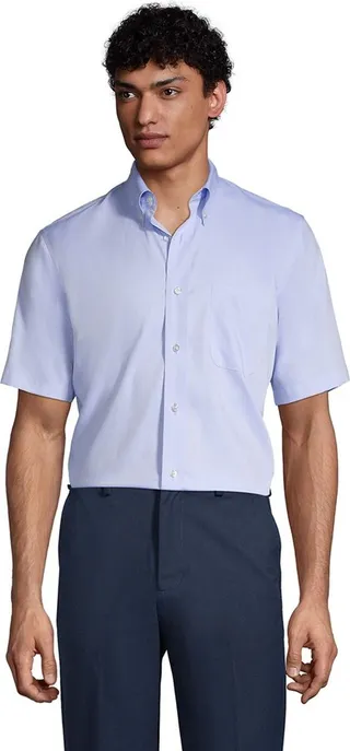 Lands' End School Uniform Men's Short Sleeve No Iron Pinpoint Dress Shirt - Medium - Blue
