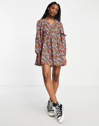 Miss Selfridge poplin wrap smock dress in bright cluster floral