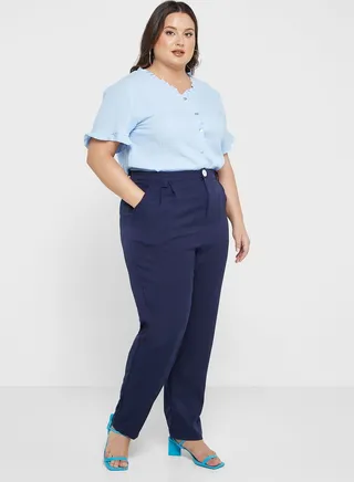 Button Detail Waist Straight Pants