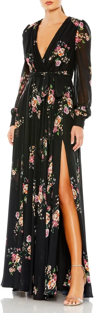 Floral Long Sleeve Empire Waist Chiffon Maxi Dress