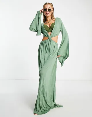 ASOS DESIGN Fuller bust exaggerated sleeve cut out waist maxi beach dress in khaki