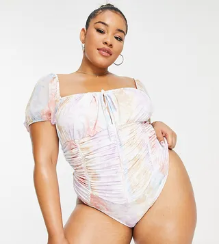 ASOS LUXE Curve corset puff sleeve swimsuit in toile de jouy print