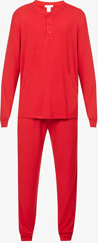Mens Haute Red Henry Long-sleeved Stretch-jersey Pyjama set