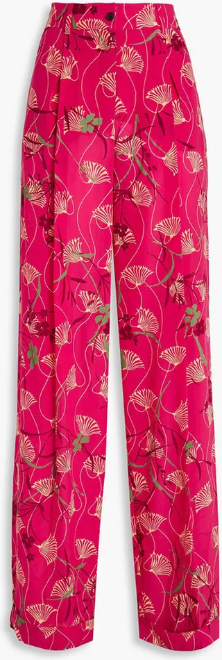 Pleated printed silk crepe de chine wide-leg pants