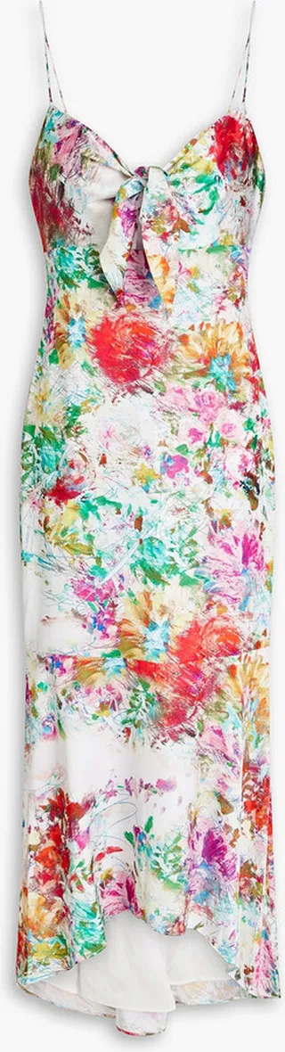 Asymmetric printed satin midi dress