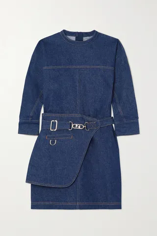 Fendi - Abito Belted Topstitched Denim Mini Dress - Blue