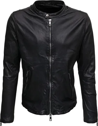 Black Leather Crew Neck Jacket