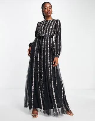 Maya long sleeve striped embellished dress in black