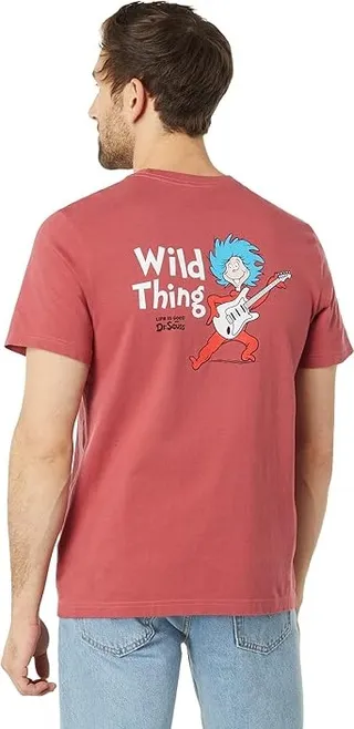 Life is Good Cat In The Hat Wild Thing Guitar Short Sleeve Crusher Tee (Faded Red) Men's Clothing