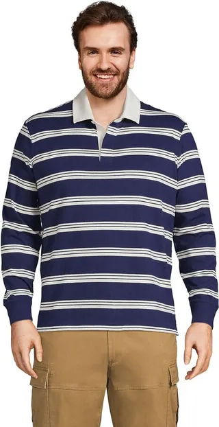Lands' End Men's Big and Tall Long Sleeve Stripe Rugby Shirt - 3X Big Tall - Deep Sea Navy Founders Stripe