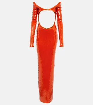 Sequined cutout off-shoulder gown