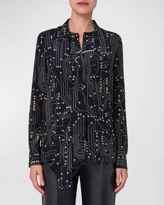 Circuit Board Print Tie-Neck Silk Blouse