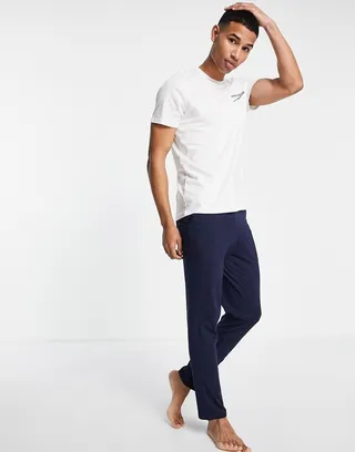 Jack & Jones T-shirt and pants lounge set in white and navy