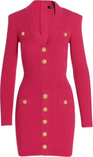 Balmain Ribbed-Knit V-Neck Mini Dress
