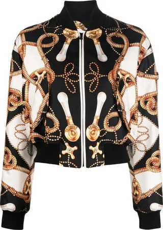 Graphic-Print Cropped Silk Bomber Jacket