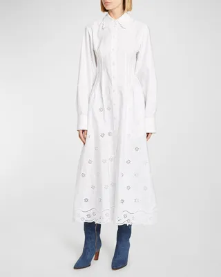 Starburst Eyelet-Embroidered Tea-Length Shirtdress
