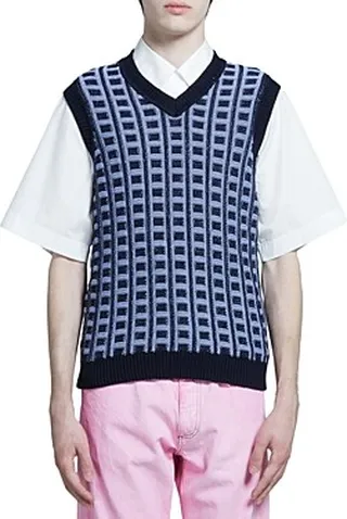 Marni Cotton Geometric Regular Fit V Neck Sweater Vest