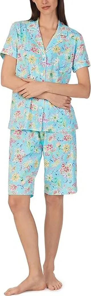 LAUREN Ralph Lauren Short Sleeve Notch Collar Bermuda PJ Set (Aqua Floral) Women's Pajama Sets