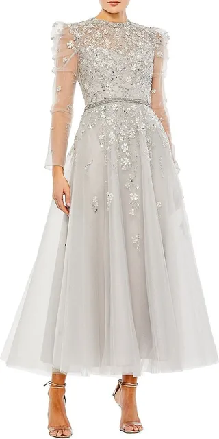 Embellished Gathered Long-Sleeve A-Line Gown