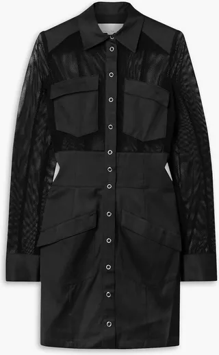 Paneled twill and mesh mini shirt dress