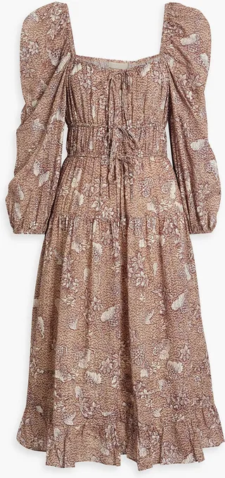 Gathered printed cotton-blend voile dress