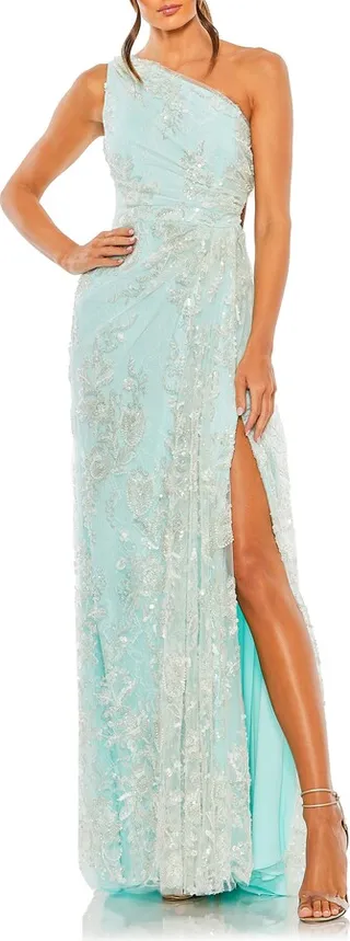 Sequin Embellished One-Shoulder Gown