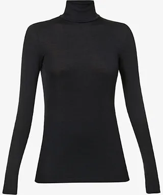 Womens Black Woolen Turtleneck Wool-silk Blend top