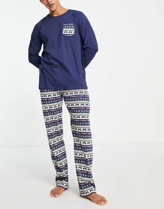 Brave Soul long gaming fairisle pyjama set in navy multi print