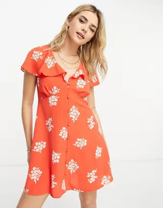 ASOS DESIGN flutter sleeve mini tea dress with buttons in red floral