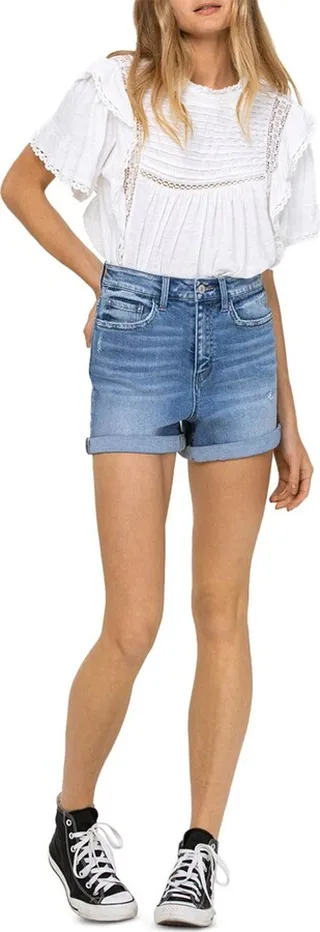 Womens Distressed High Rise Denim Shorts