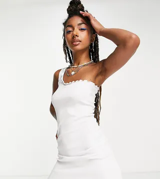 COLLUSION lettuce edge one shoulder mini dress in white