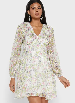 Puff Sleeve Floral Print Dress