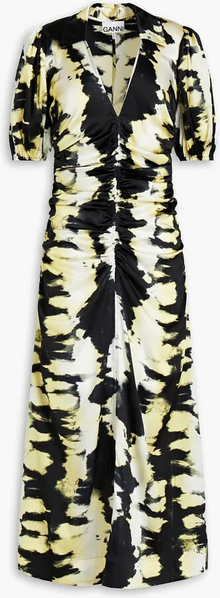 Ruched printed stretch-silk satin midi dress
