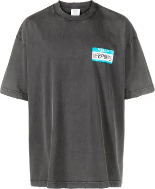Black Cotton Nametag Print T-Shirt