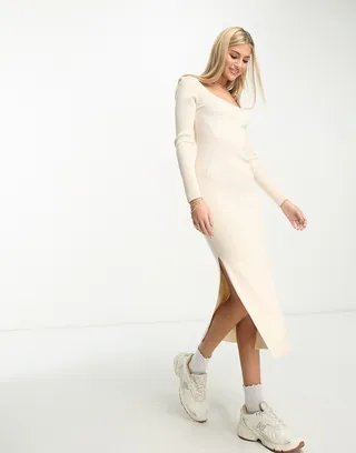 Stradivarius scoop neck seamless ribbed midi dress in ecru