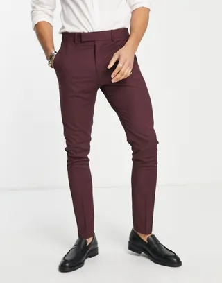 ASOS DESIGN skinny tuxedo pants in burgundy satin side stripe