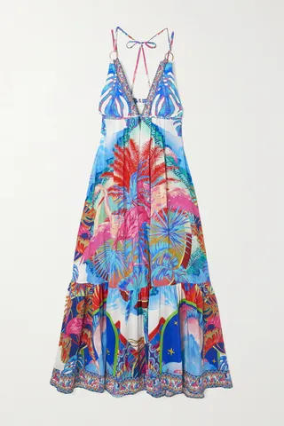 Camilla - Crystal-embellished Tiered Printed Silk Dress - Blue