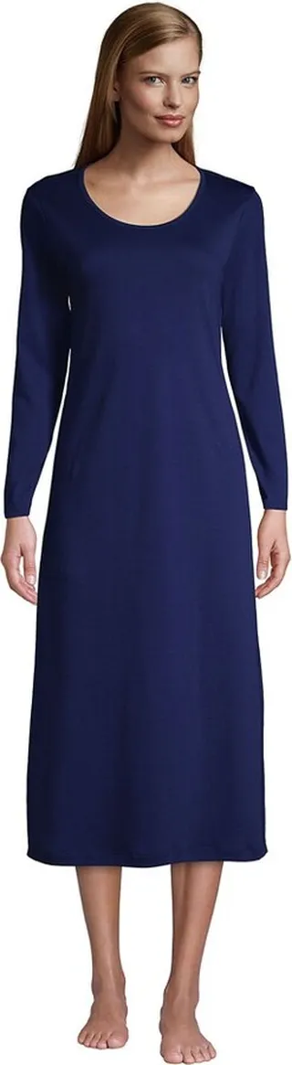 Lands' End Women's Tall Supima Cotton Long Sleeve Midcalf Nightgown - Large Tall - Deep Sea Navy