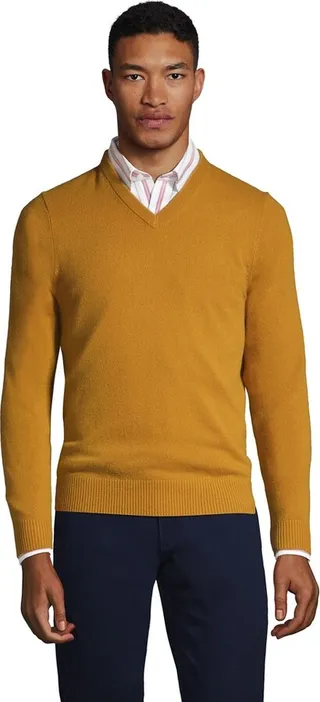 Lands' End Men's Fine Gauge Cashmere V-neck Sweater - Medium - Golden Brown