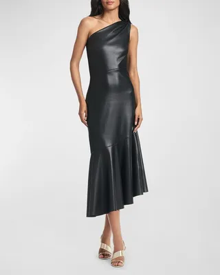 Harris One-Shoulder Faux-Leather Midi Dress