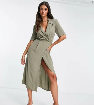 ASOS DESIGN Tall wrap tux midi dress with shoulder pads in khaki