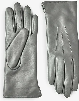 Womens Grey Leather and Cashmere and Wool-blend Gloves