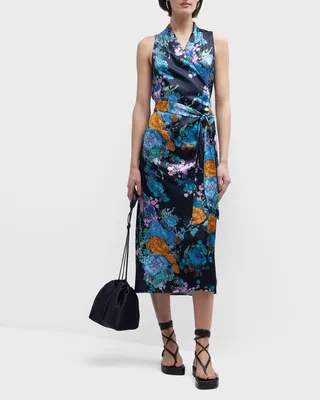 Painted Bouquet Draped-Pleat Midi Wrap Dress
