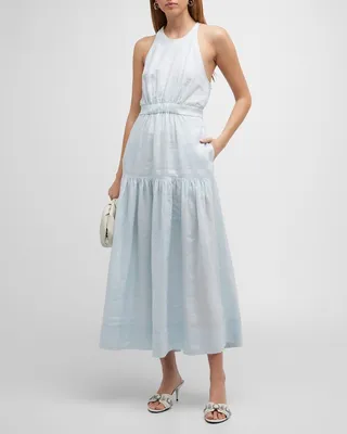 Wrenley Linen High-Neck Drop-Waist Maxi Dress
