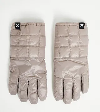 COLLUSION Unisex wet look padded gloves in stone