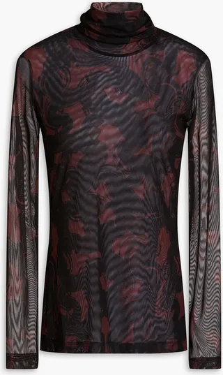 Printed stretch-tulle turtleneck top