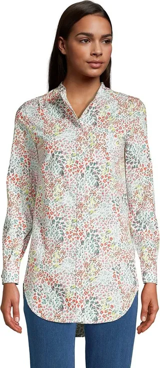 Lands' End Women's Tall Cotton A-Line Long Sleeve Tunic Top - Medium Tall - Ivory Mini Florals