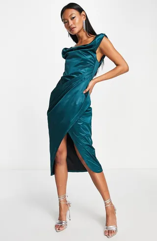 Cowl Neck Satin Faux Wrap Cocktail Dress