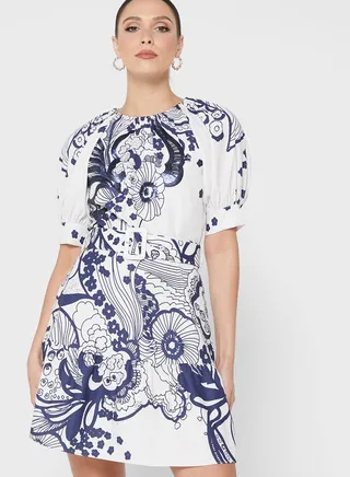 Round Neck Puff Sleeve Printed Dress