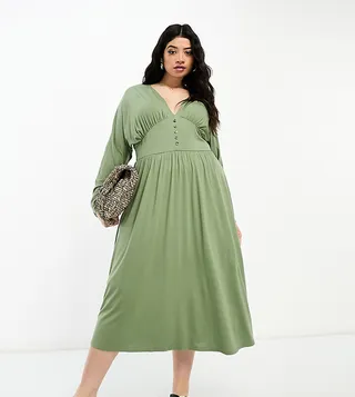 ASOS DESIGN Curve long sleeved angel button tea dress in khaki